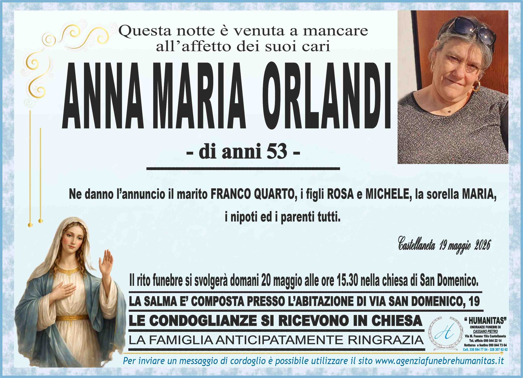 Manifesto funebre di Anna Maria Orlandi
