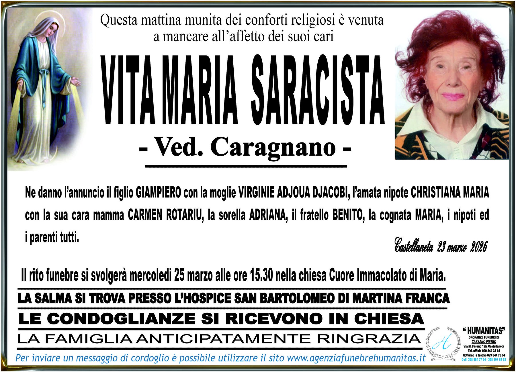 Manifesto funebre di Vita Maria Saracista