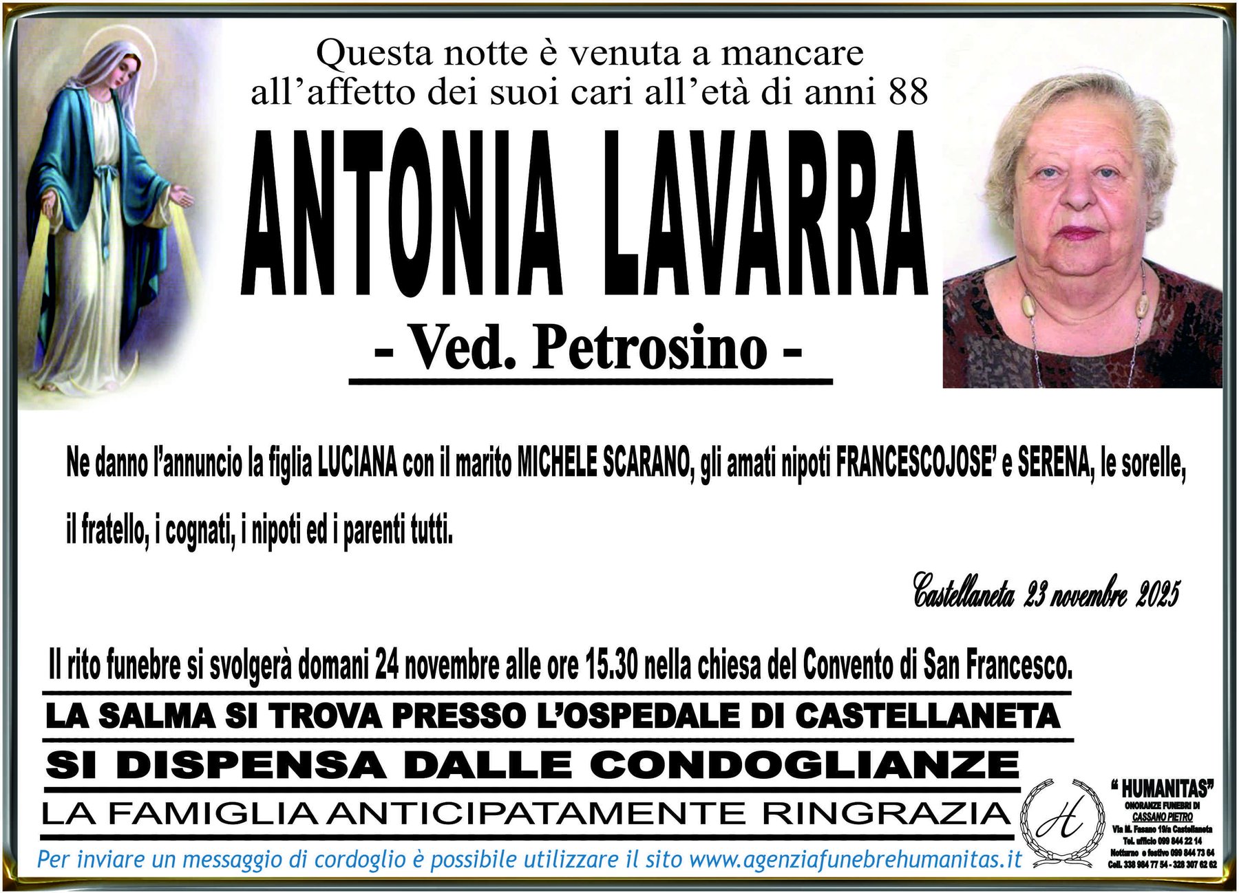 Manifesto funebre di Antonia Lavarra