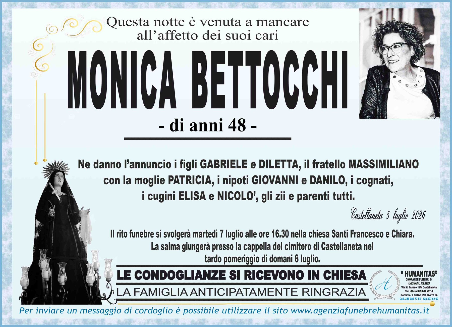 Manifesto funebre di Monica Bettocchi