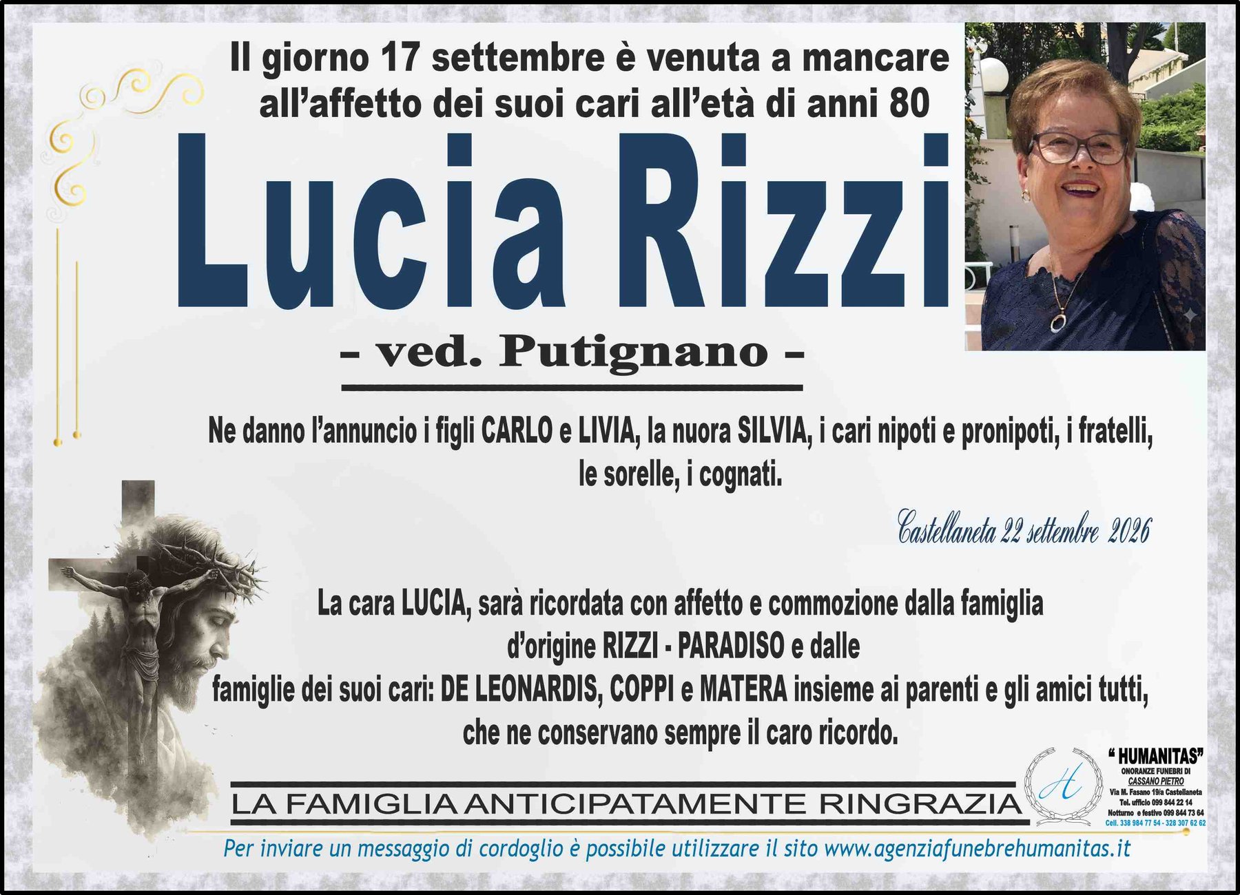 Manifesto funebre di Lucia Rizzi