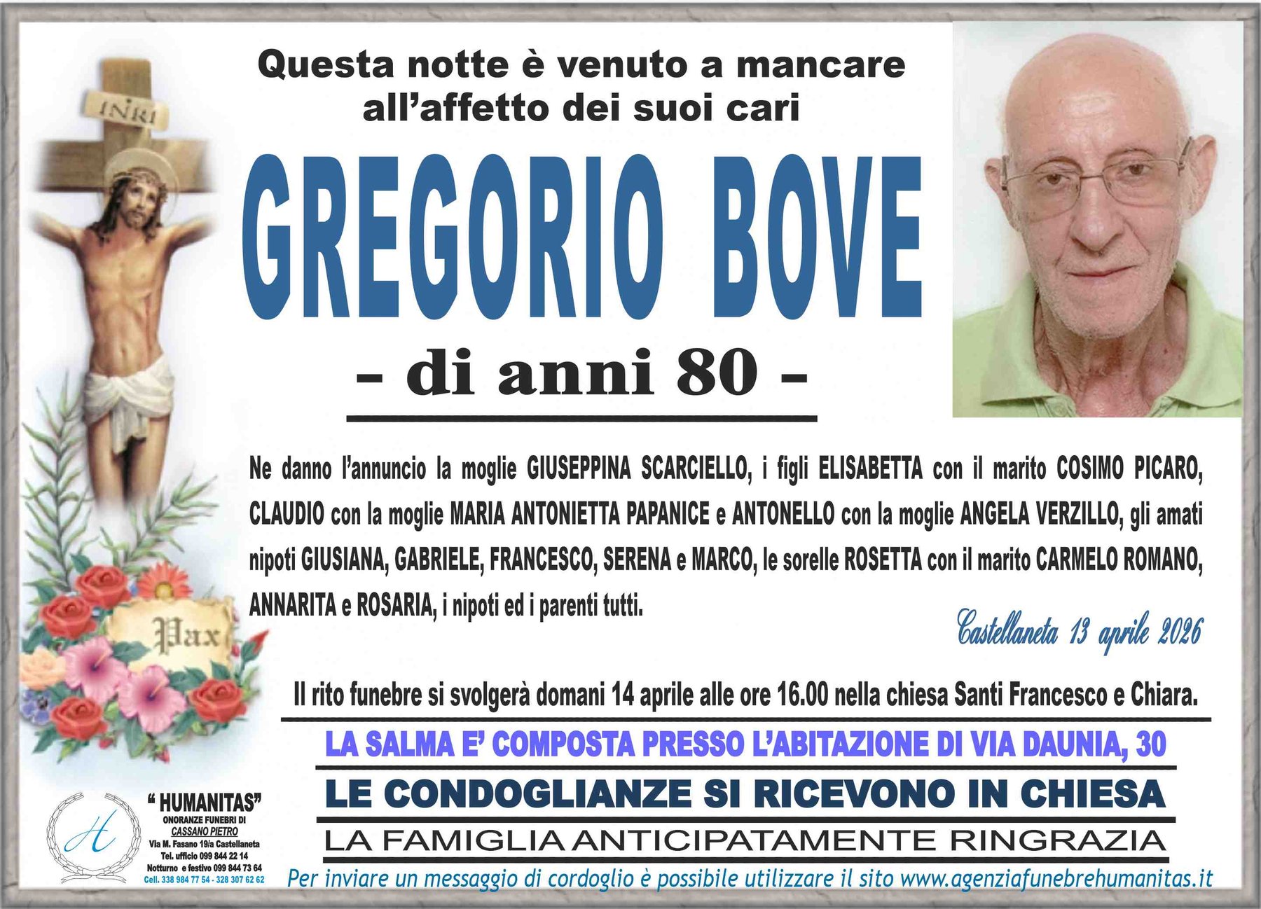 Manifesto funebre di Gregorio Bove