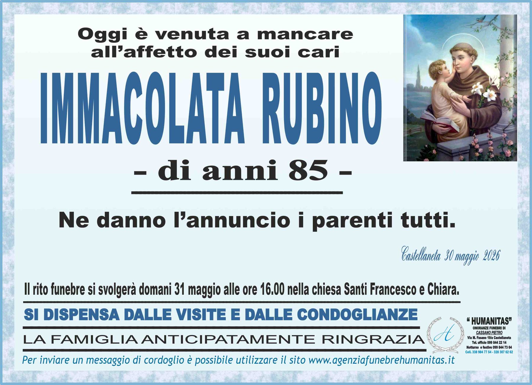 Manifesto funebre di Immacolata Rubino