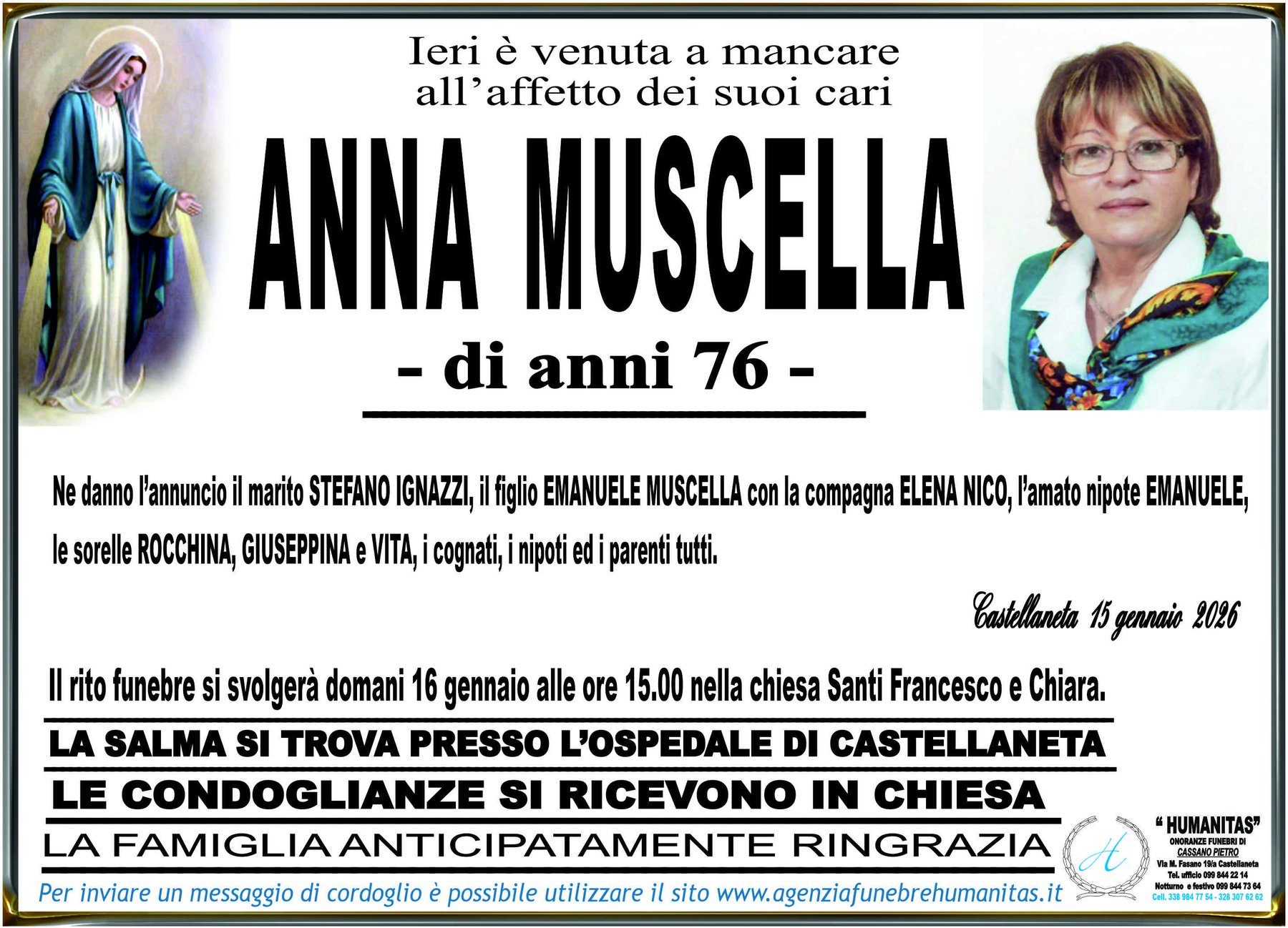 Manifesto funebre di Anna Muscella