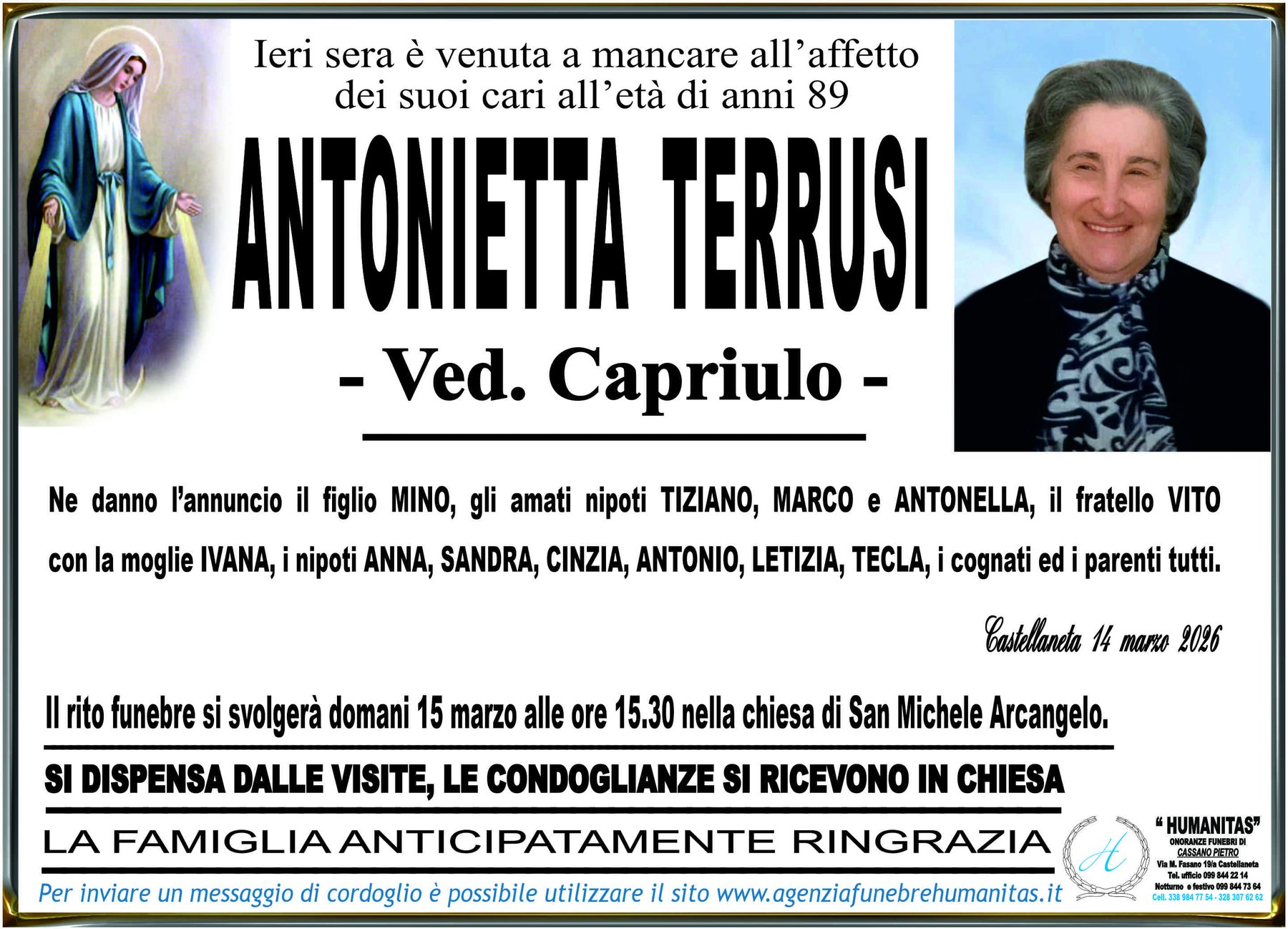 Manifesto funebre di Antonietta Terrusi