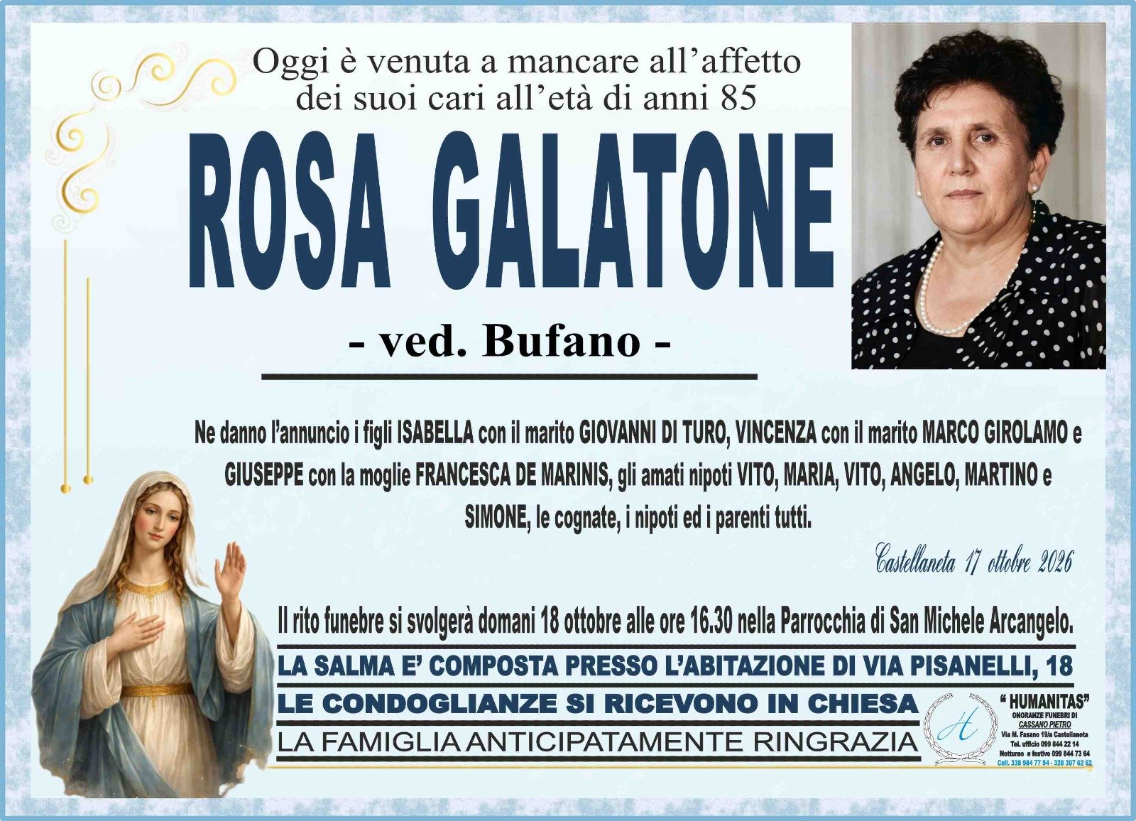 Manifesto funebre di Rosa Galatone