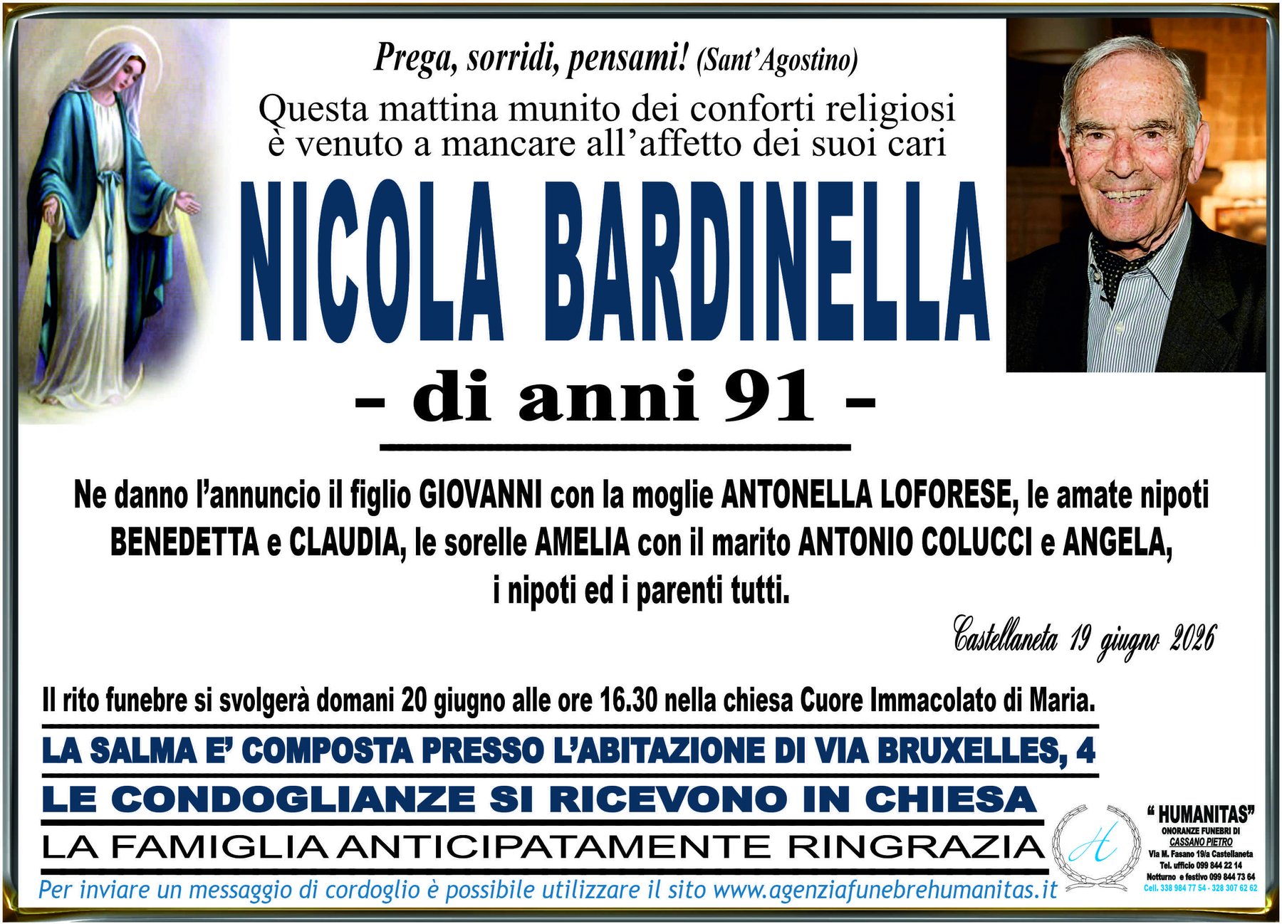 Manifesto funebre di Nicola Bardinella