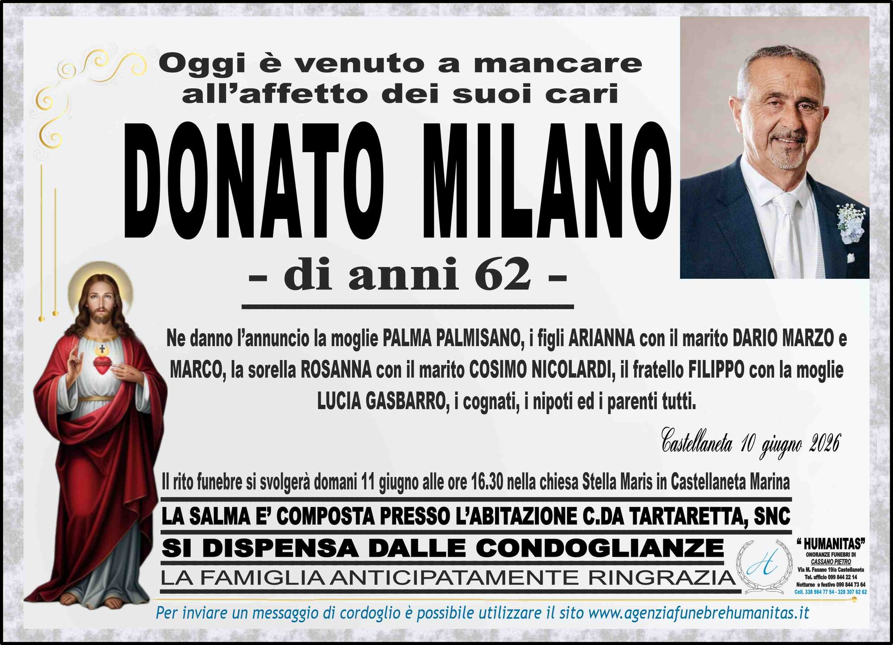 Manifesto funebre di Donato Milano