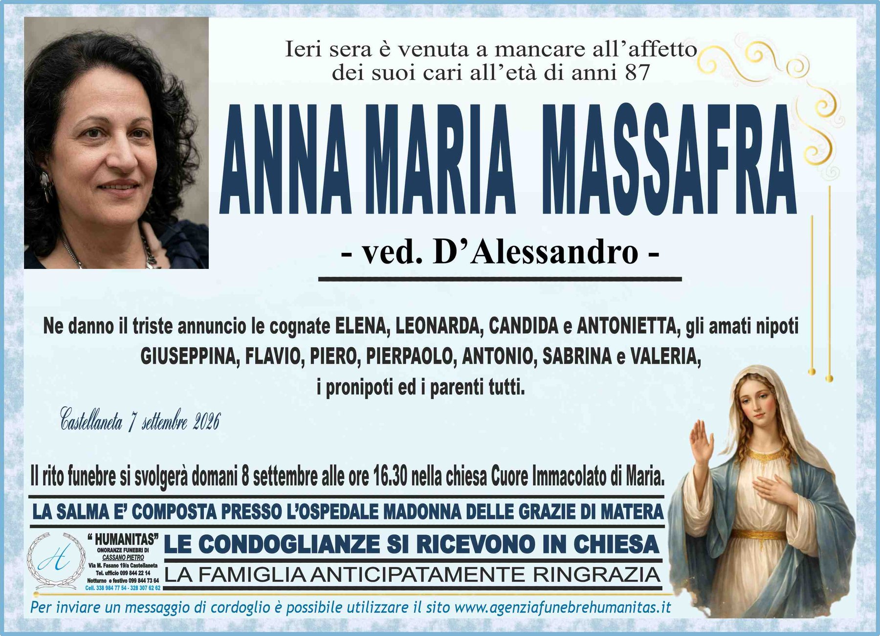 Manifesto funebre di Anna Maria Massafra