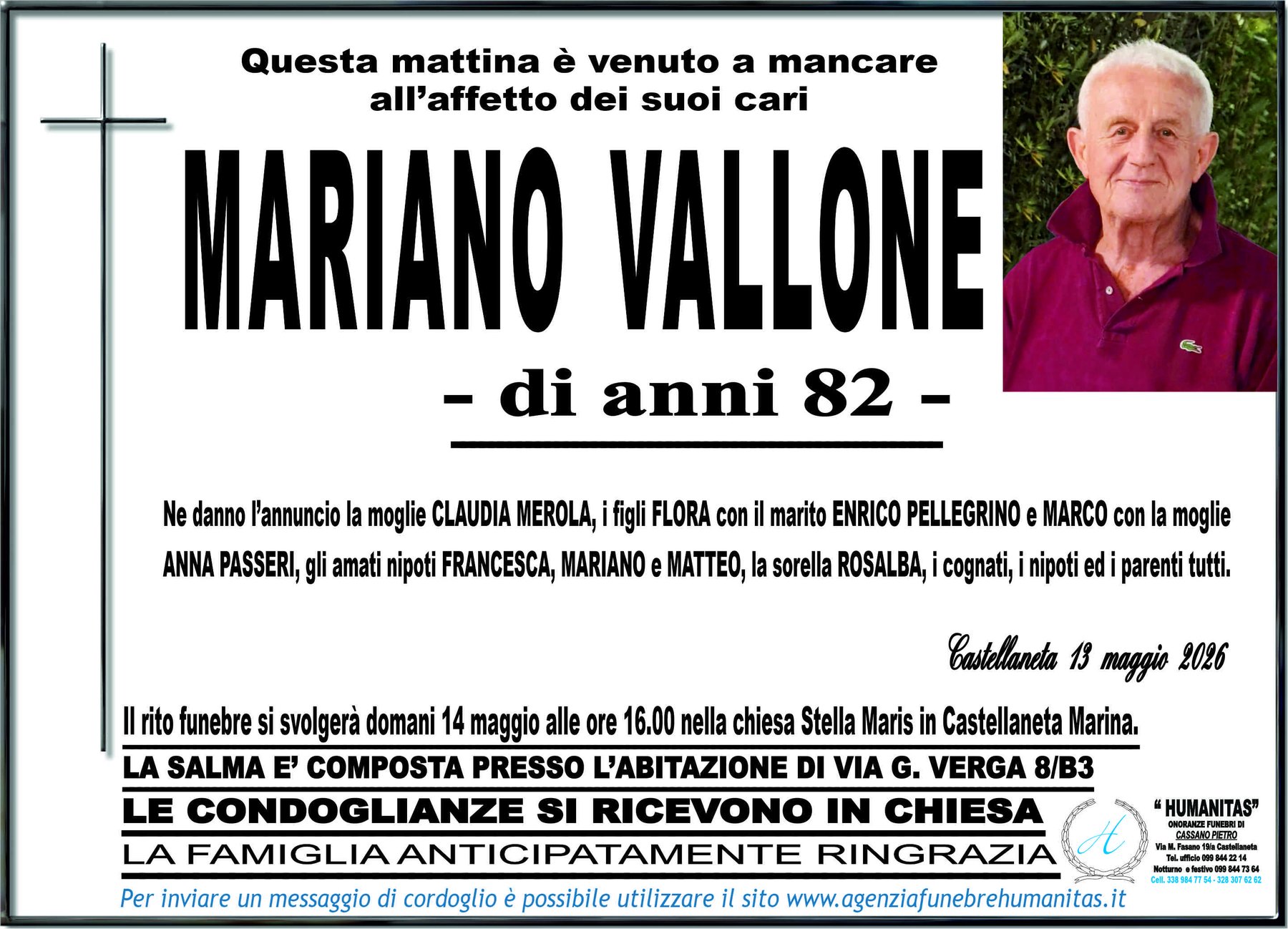 Manifesto funebre di Mariano Vallone