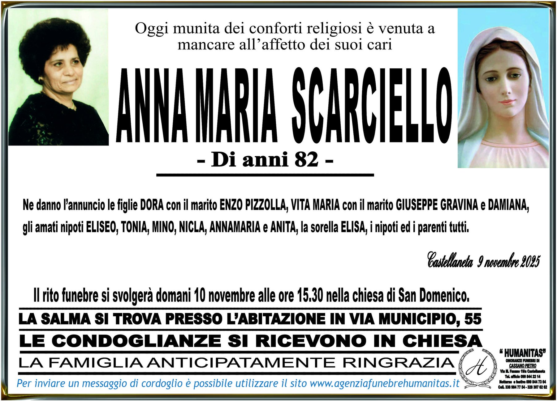 Manifesto funebre di Anna Maria Scarciello