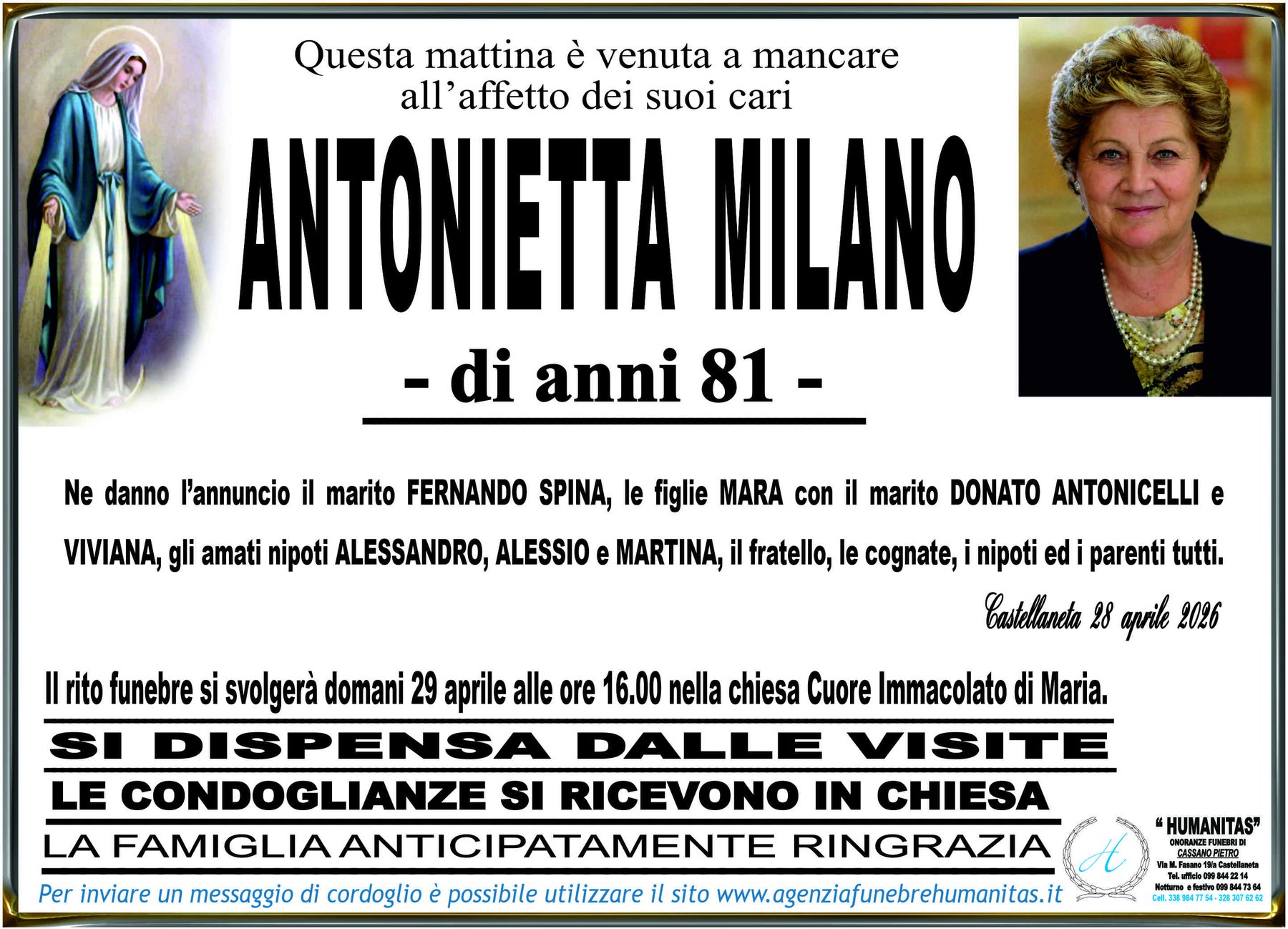Manifesto funebre di Antonietta Milano